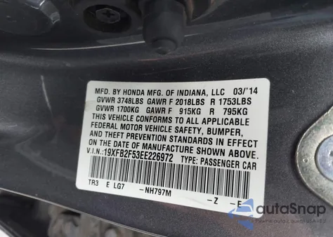 2014 Honda Civic Lx z USA, uszkodzony, nr VIN 19XFB2F53EE226972